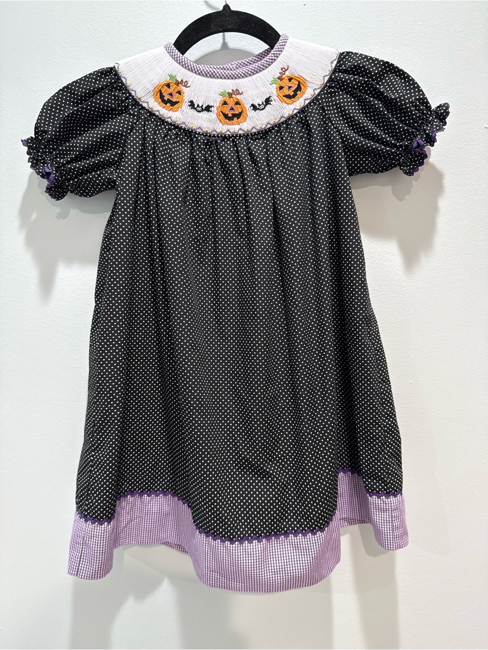 Stellybelly Smocked Halloween Black Polka Dot Pumpkin Bishop Dress Girls 3T